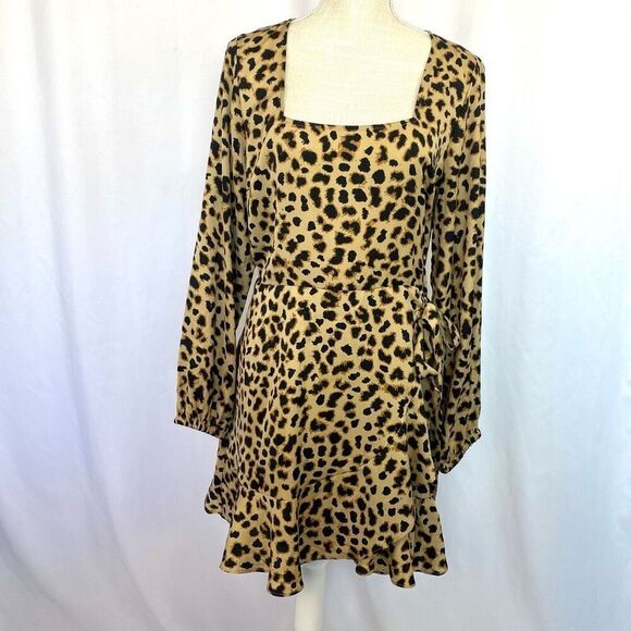 Express Cheetah Print Mini Dress Long Sleeve Ruffle Faux Wrap Women’s Large Y2K - Picture 1 of 11